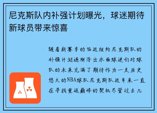 尼克斯队内补强计划曝光，球迷期待新球员带来惊喜