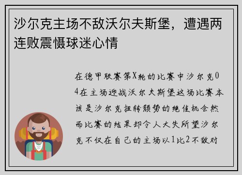 沙尔克主场不敌沃尔夫斯堡，遭遇两连败震慑球迷心情